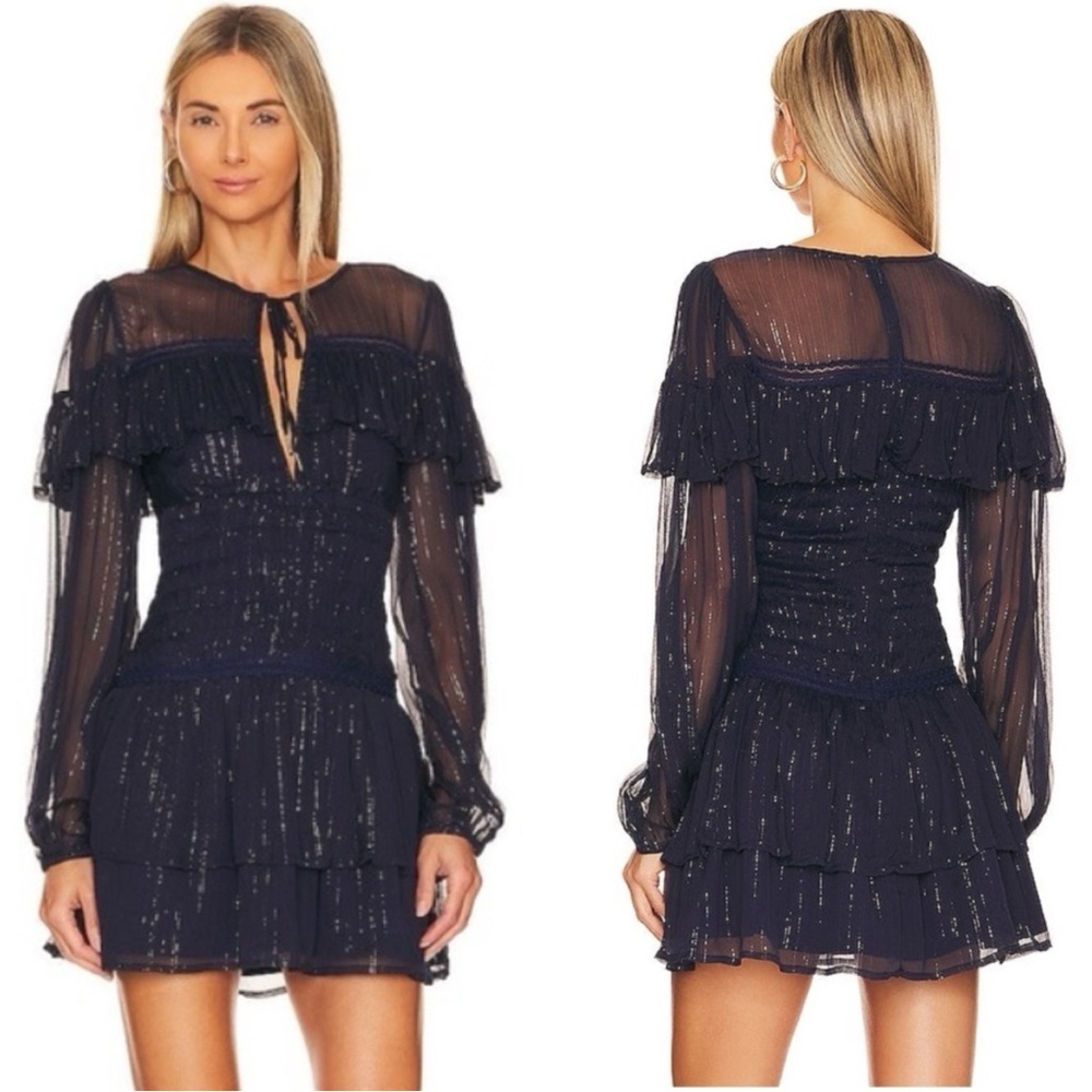 TULAROSA Gina Blue Gold Ruffle Long Sleeve Chiffon Dress
